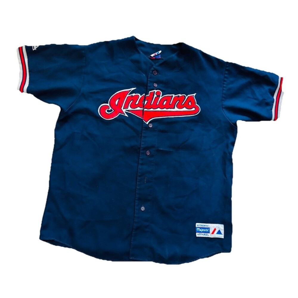 Vintage Cleveland Indians Majestic MLB Baseball Jersey Button Front Navy Men XL